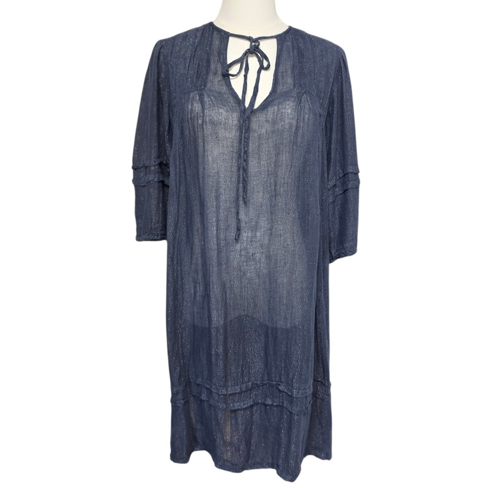 120% Lino Blue Metallic Airy Linen Gauze Tunic Dress Made in Italy Size 42/US S